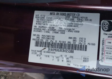 2012 Ford Fusion Sel из США, поврежденный, VIN 3FAHP0JGXCR425388